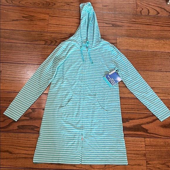 Coolibar Sun Protective Aqua Striped Hooded Zip Up Cover Up Size XS New With Tag - Picture 3 of 13